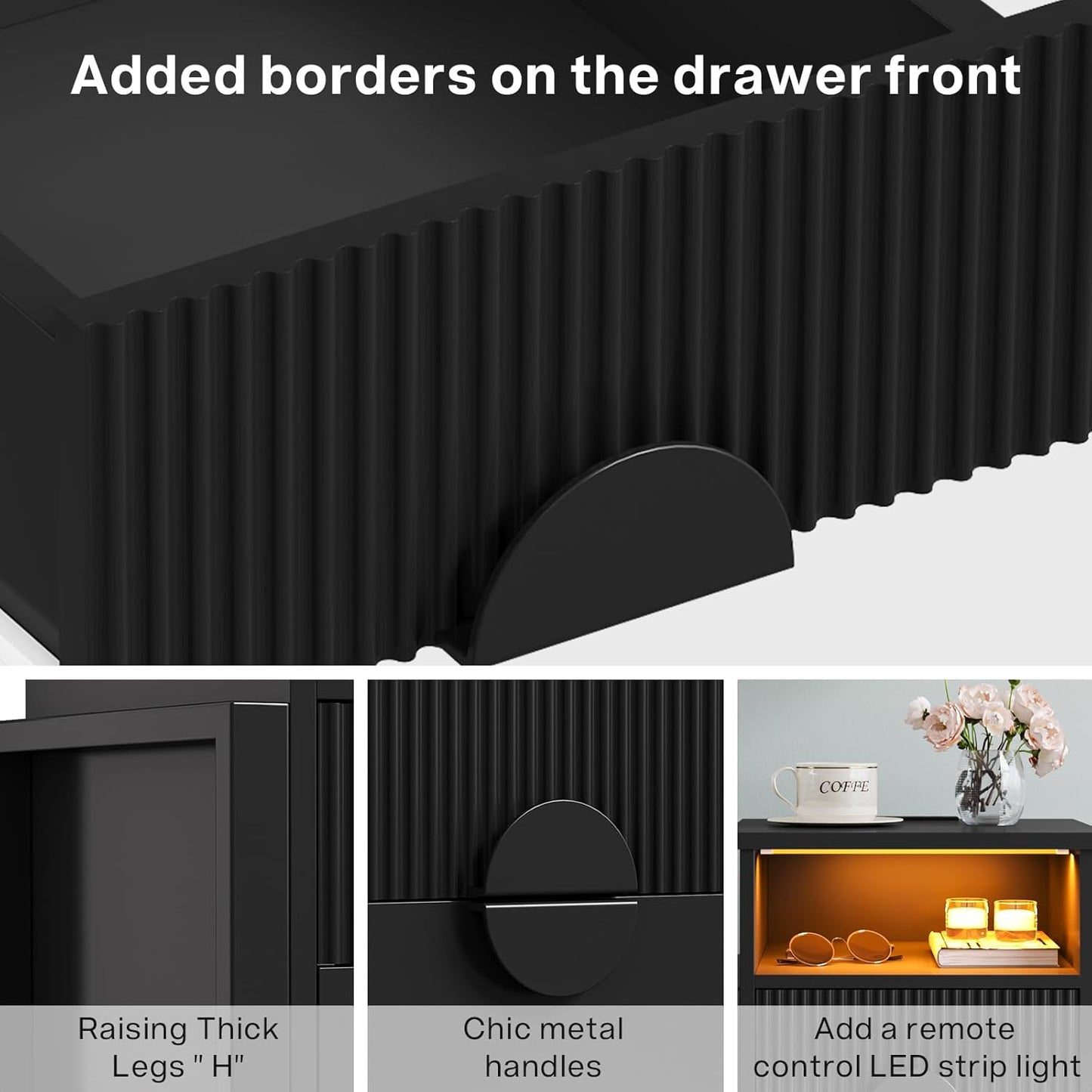 Set of 2 Fluted Nightstand with Charger Station Strip Lights, 20.47" W Night Stand with 2 Drawers, Large Accent Bed Side Table and End Table, Large Open Cubby, Raising H Legs,Black