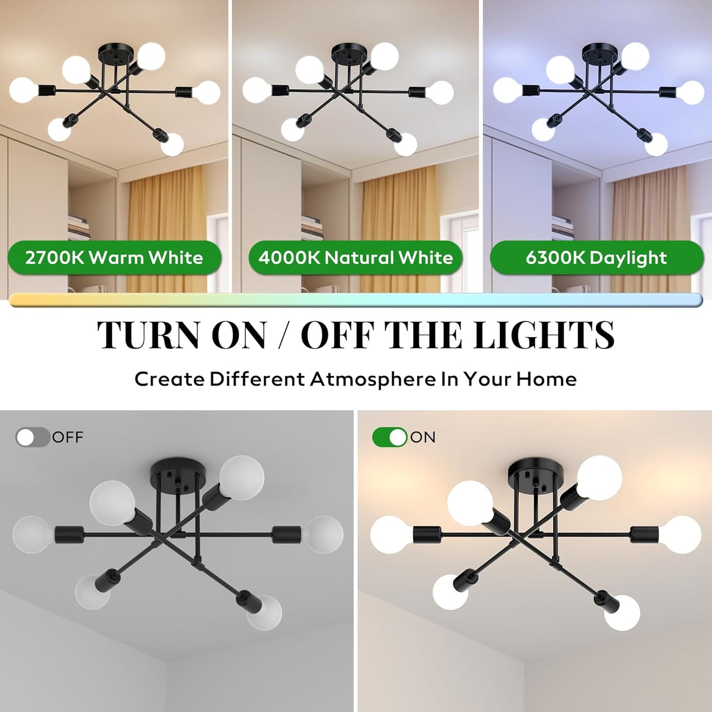 Modern Sputnik Chandelier Ceiling Light Fixtures, 6-Lights 22” Mid Century Industrial Metal Semi Flush Mount for Dining Room, Bedroom, Living Room-Black