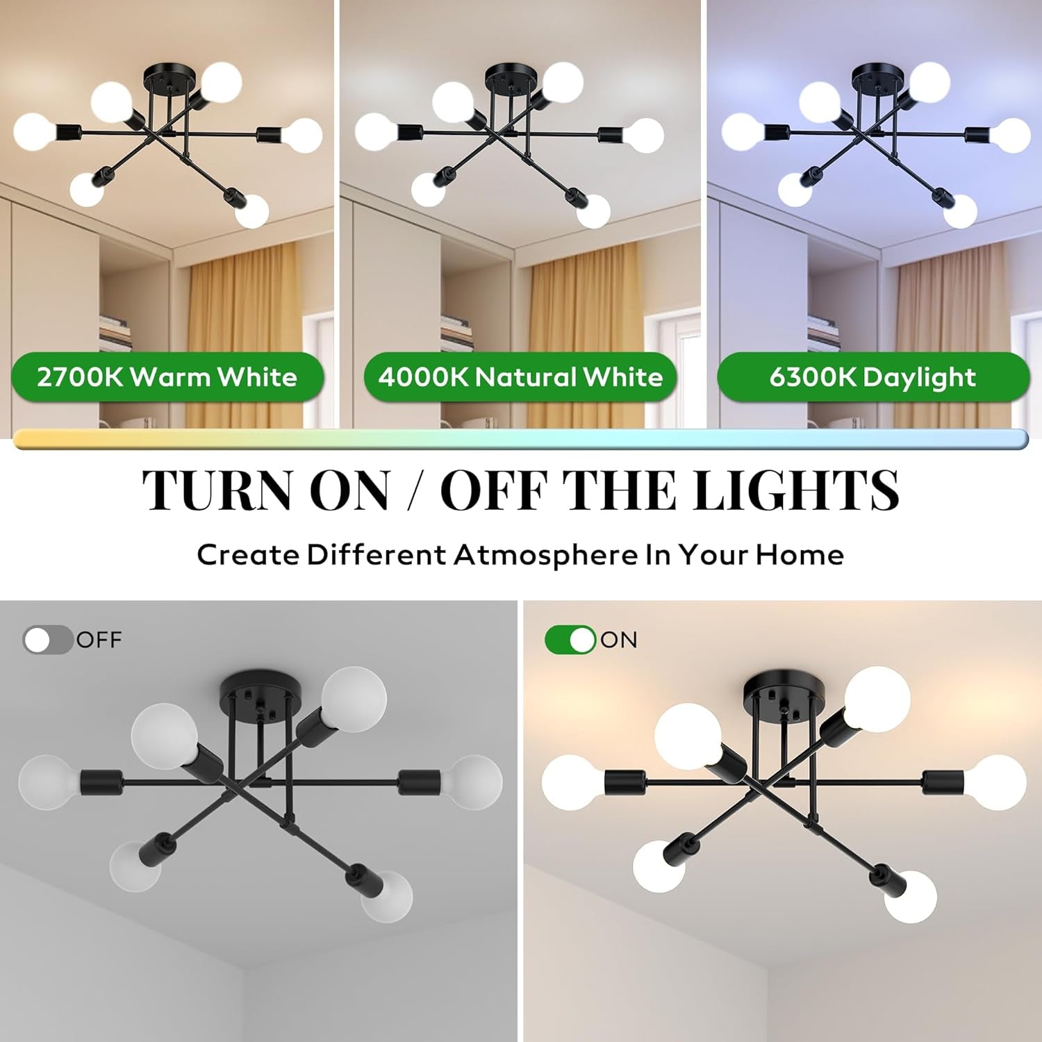 Modern Sputnik Chandelier Ceiling Light Fixtures, 6-Lights 22” Mid Century Industrial Metal Semi Flush Mount for Dining Room, Bedroom, Living Room-Black