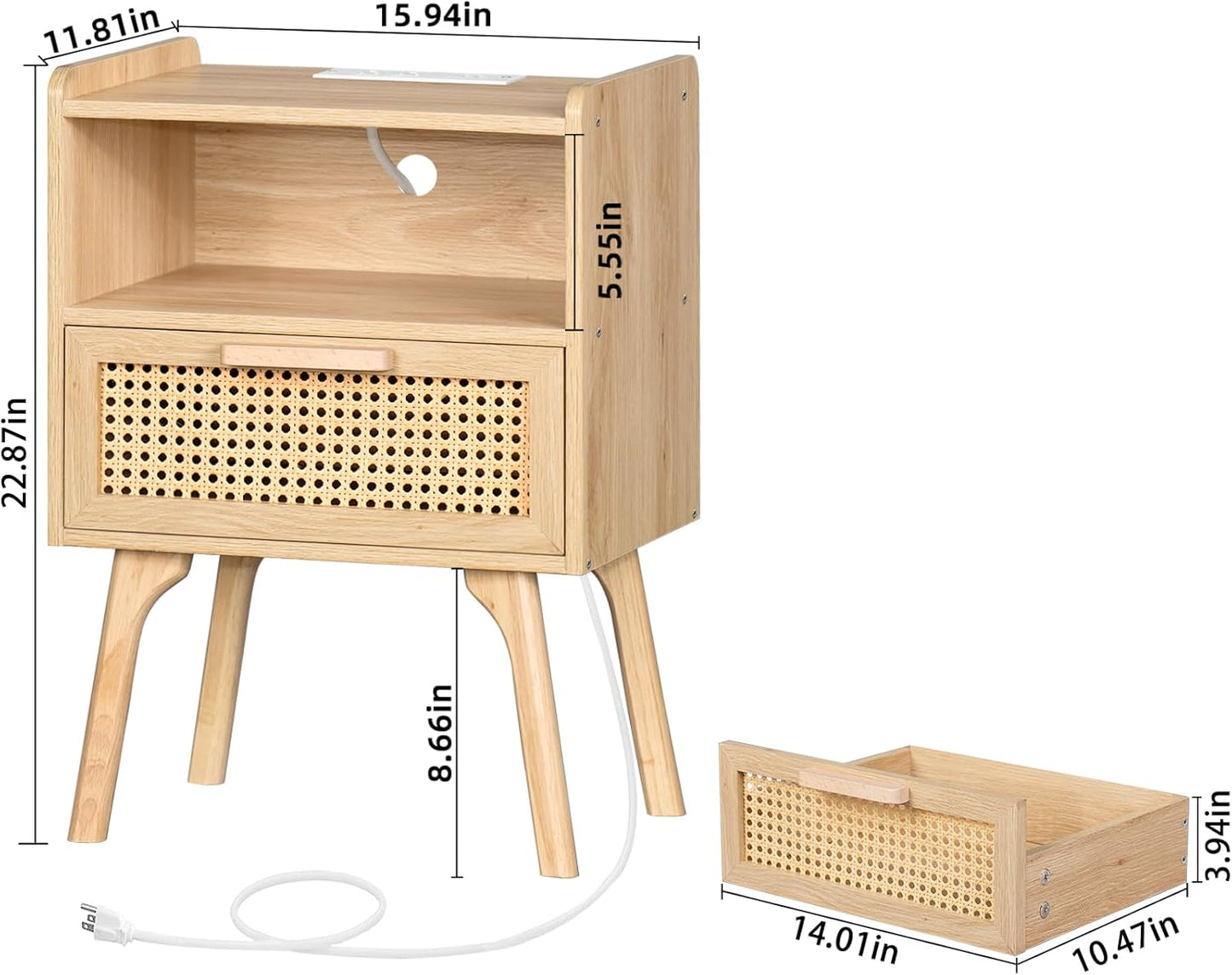 Rattan Nightstands Set of 2 with Charging Station, Boho Side Table with Drawer Open Shelf, Cane Accent Bedside End Table with Solid Wood Legs for Bedroom, Dorm and Small Spaces (Natural)