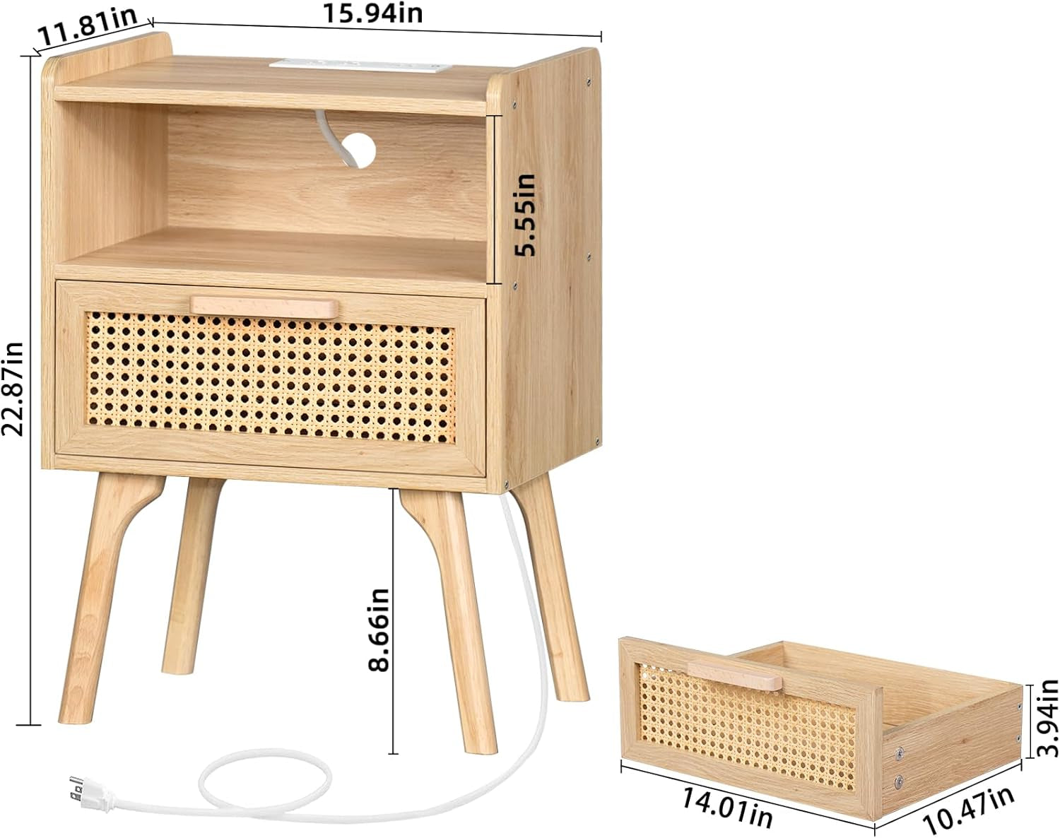 Rattan Nightstands Set of 2 with Charging Station, Boho Side Table with Drawer Open Shelf, Cane Accent Bedside End Table with Solid Wood Legs for Bedroom, Dorm and Small Spaces (Natural)