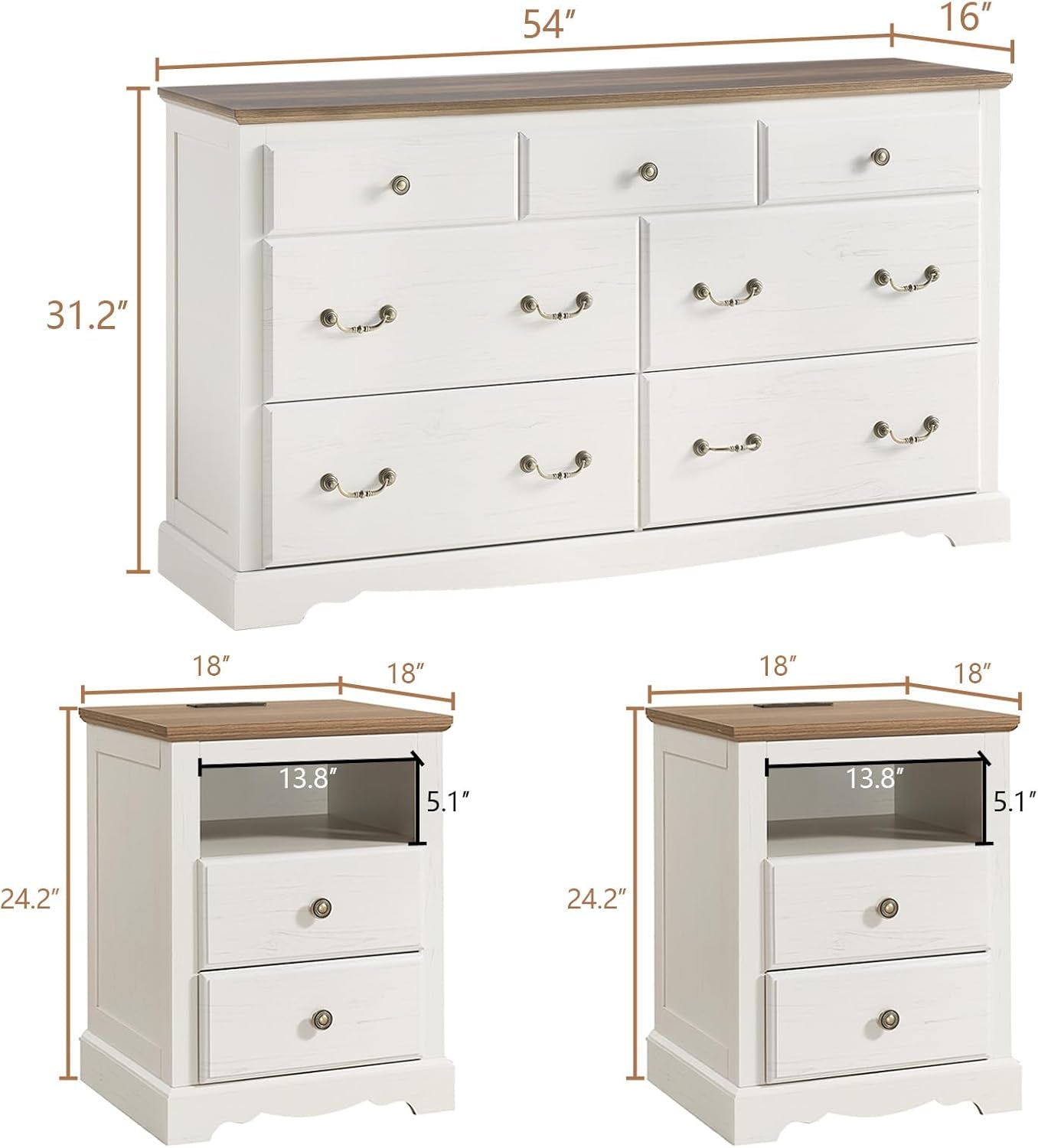 Farmhouse 3 Pieces Bedroom Sets, Include 54" Wide 7 Drawers Dresser, Nightstand Set of 2 with Charging Station, Rustic Retro Bedroom Furniture Set, White