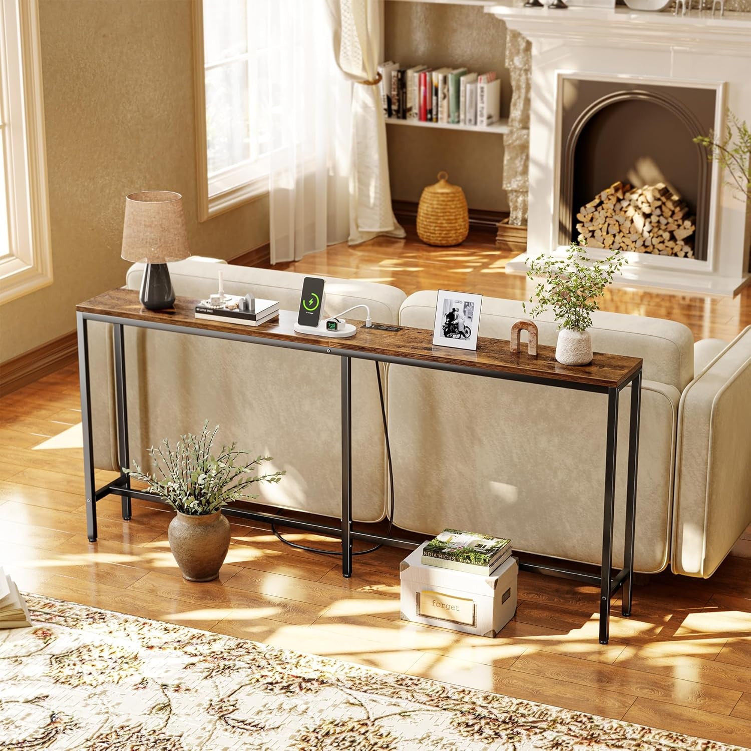 70 Inch Console Table with Outlet, Sofa Table with Charging Station, Narrow Entryway Table, Skinny Hallway Table, for Living Room, Rustic Brown