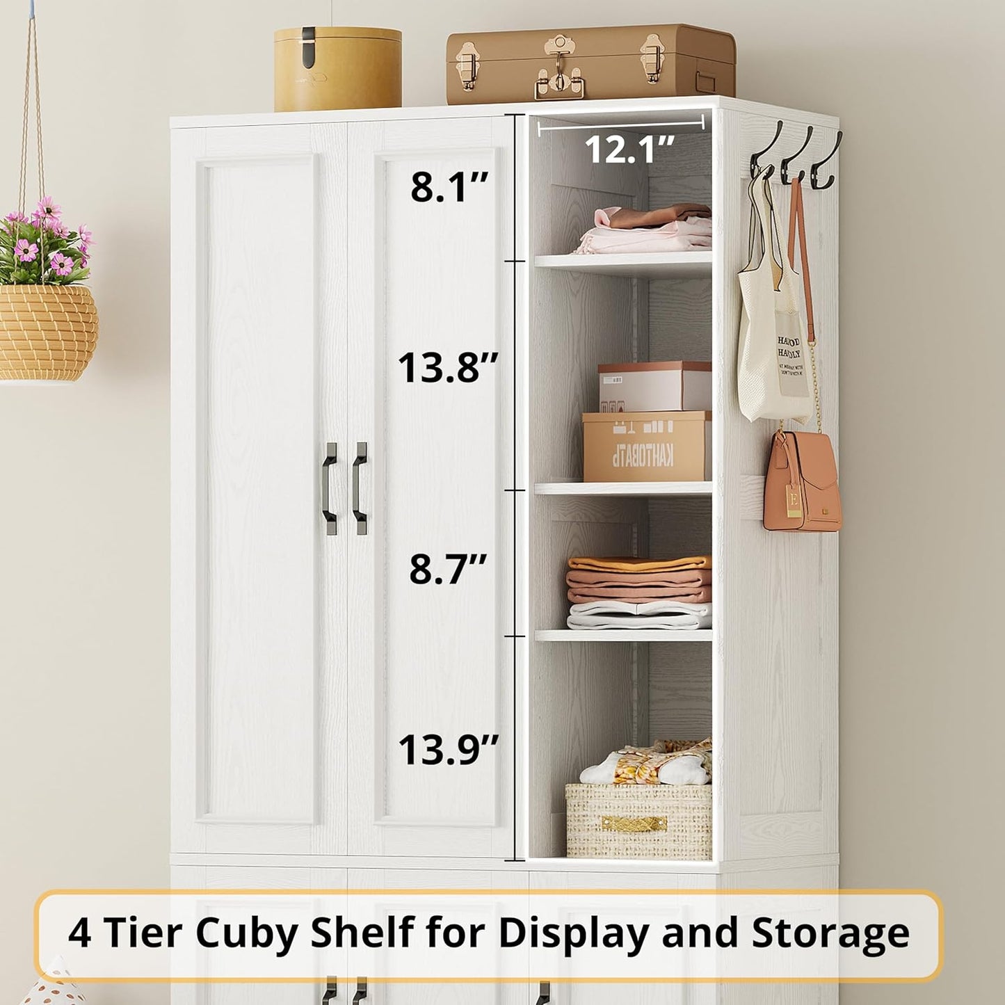 Armoire Wardrobe Closet 70" H, 5 Doors Bedroom Wooden Wardrobe with 4 Storage Shelves and Hanging Rod, Clothing Storage Cabinet Organizer Combination, White