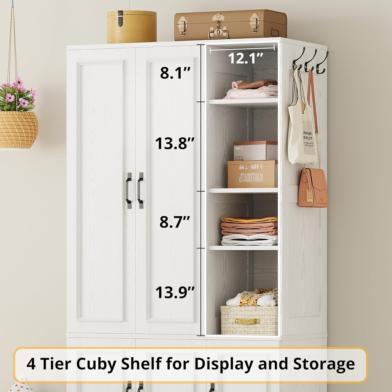 Armoire Wardrobe Closet 70" H, 5 Doors Bedroom Wooden Wardrobe with 4 Storage Shelves and Hanging Rod, Clothing Storage Cabinet Organizer Combination, White