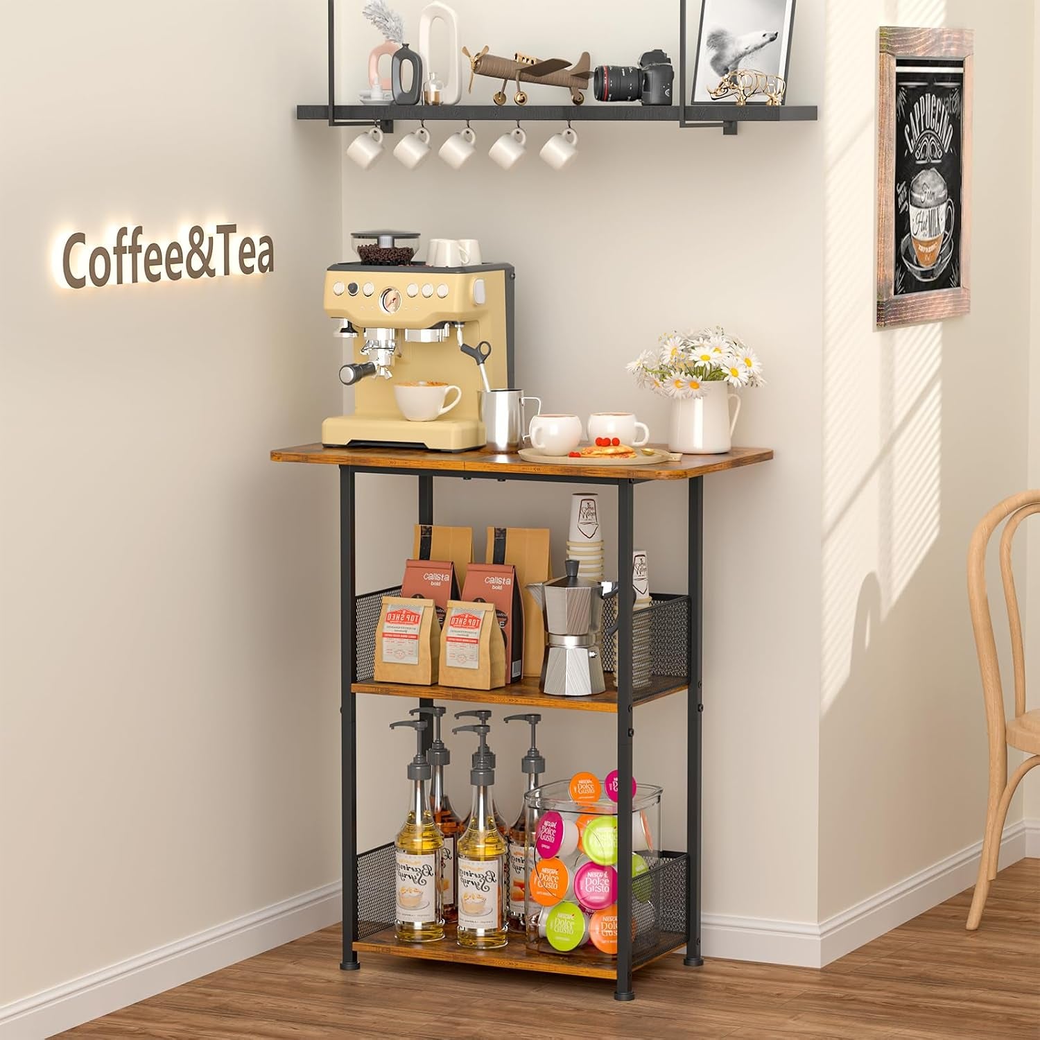 Mini Floor Standing Coffee Bar Shelf,3-Tier Small Coffee Table,Corner Farmhouse Coffee Bar Cabinet;Dining Room, Living Room-Capsules,Coffee Maker(Brown+Black)
