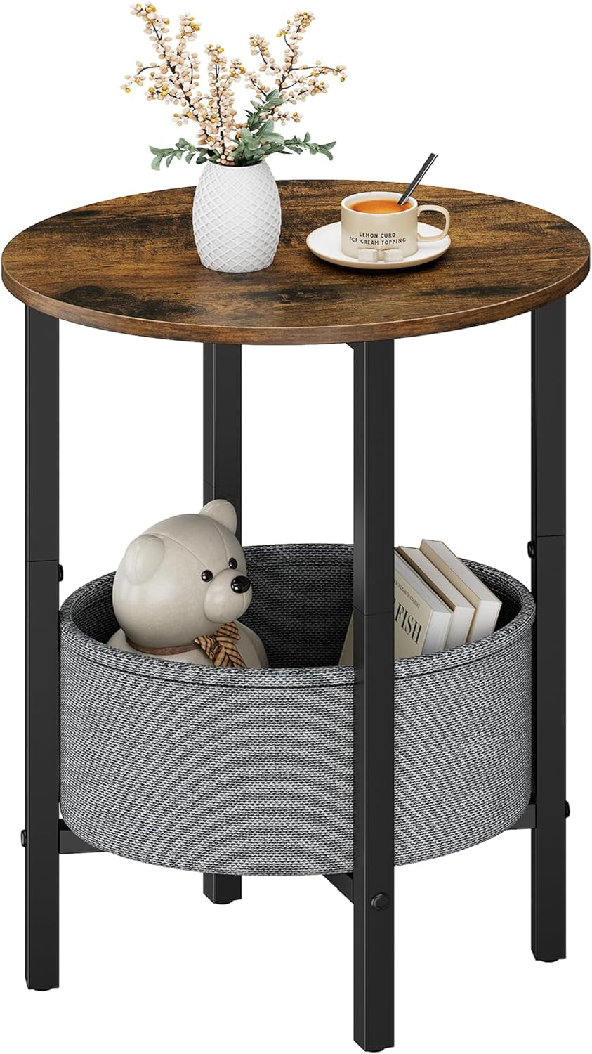 round Side Table End Table with Storage Basket, Small Side Table round Nightstand for Small Spaces, Tall Oval End Table with Steel Frame, Coffee Bedside Table for Living Room, Rustic Brown