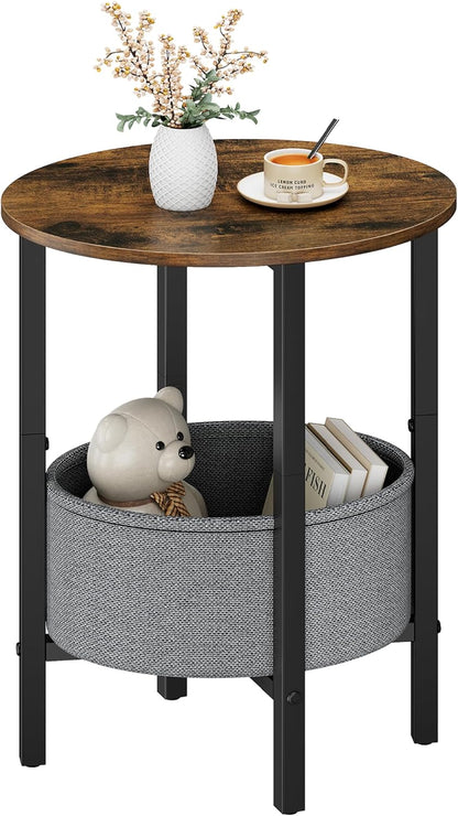 round Side Table End Table with Storage Basket, Small Side Table round Nightstand for Small Spaces, Tall Oval End Table with Steel Frame, Coffee Bedside Table for Living Room, Rustic Brown