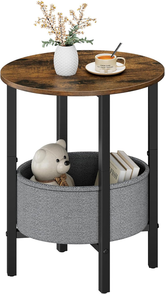 round Side Table End Table with Storage Basket, Small Side Table round Nightstand for Small Spaces, Tall Oval End Table with Steel Frame, Coffee Bedside Table for Living Room, Rustic Brown