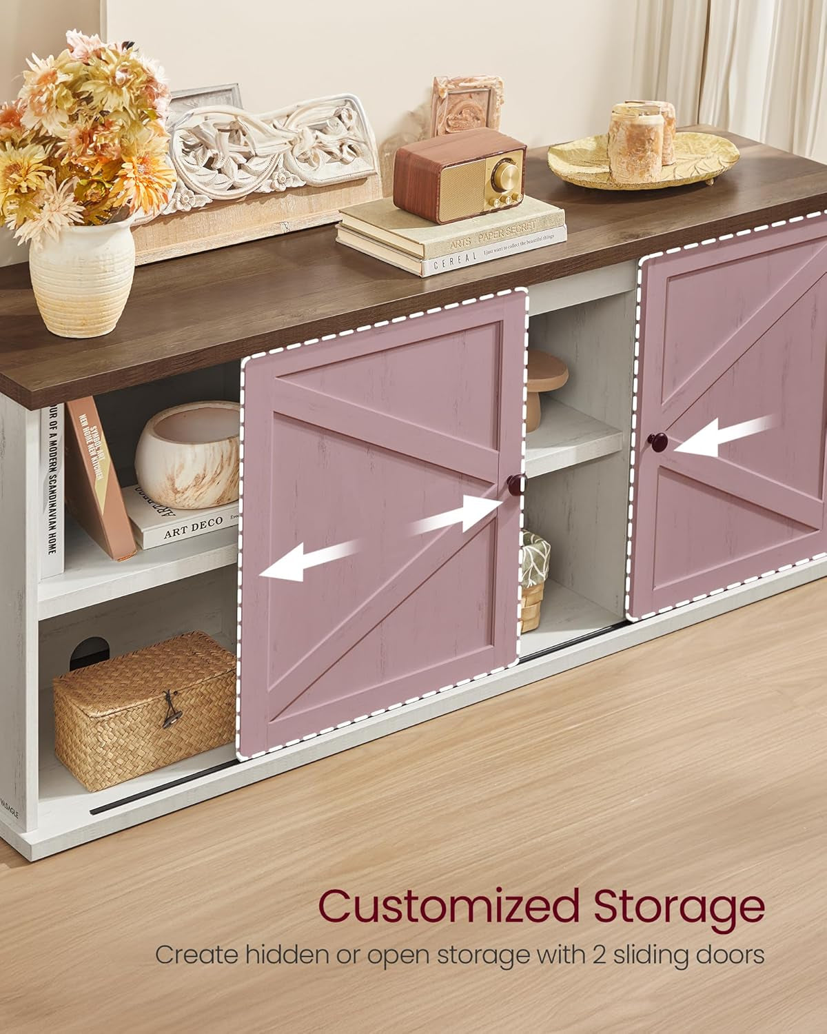 Farmhouse TV Stand for Tvs up to 65 Inches, Entertainment Center with Storage Cabinets and Sliding Barn Doors, Media Console Table for Living Room, Rustic White and Honey Brown ULTV535W01