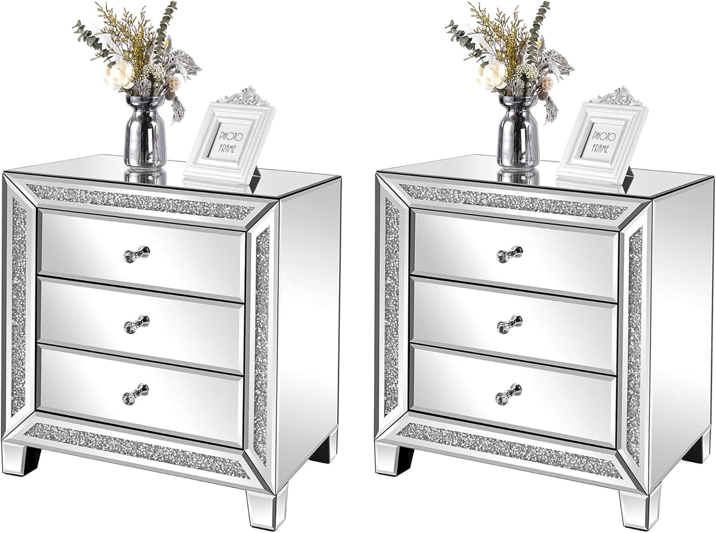 Mirrored Nightstands Set of 2, 23" W Glass Mirror Night Stand Set of 2, Modern Bedside Table 3 Drawer Glass Side End Table Silver Dresser for Bedroom, 23”W X 13.8”D X 24.8”H