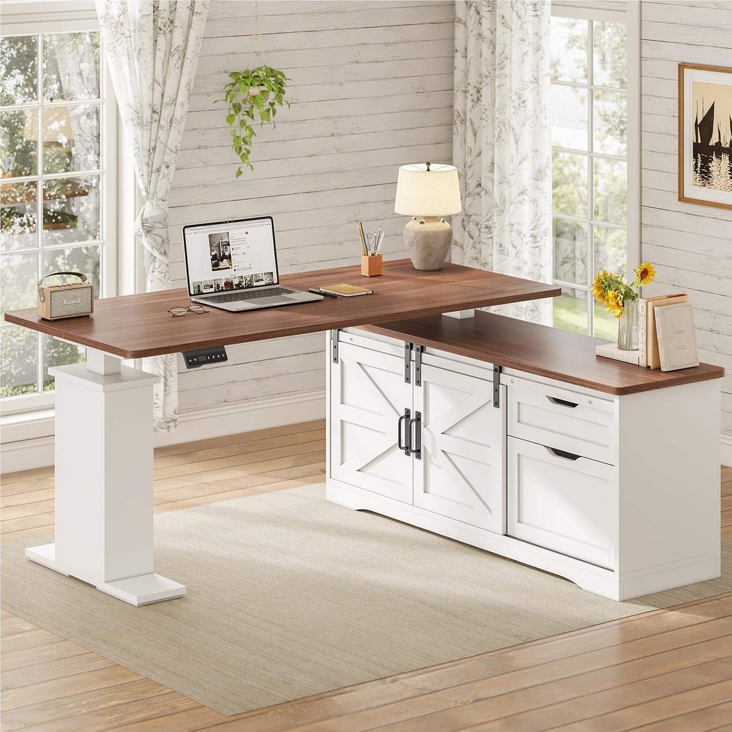 Farmhouse L Shaped Standing Desk, 55 Inch Height Adjustable Corner Desk with Storage Drawers, Standing Computer Desks with Power Outlets for Home Office, White