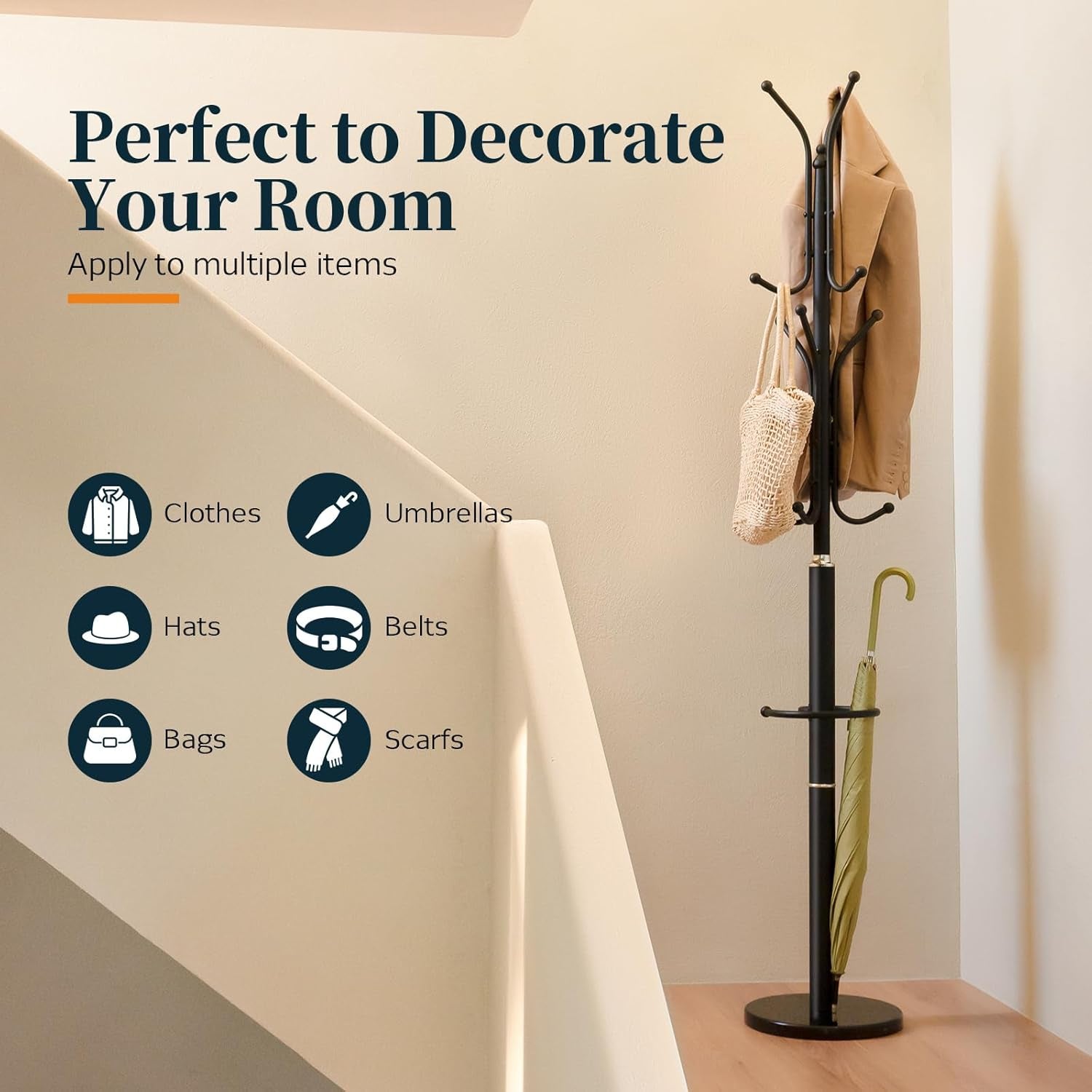 Metal Coat Rack Freestanding with Marble Base, Coat Tree with 12 Hooks & Umbrella Holder, Coat Hanger Stand for Corner Entryway Bedroom Office, Heavy Duty Coat Rack Stand for Clothes Hats Bags