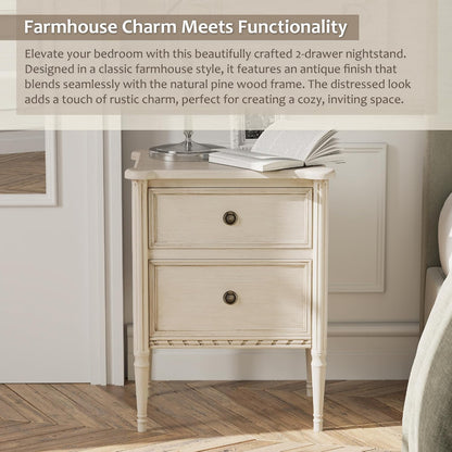 Farmhouse 2 Drawer Nightstand with Hidden Drawer, Antique Finish, Solid Pine Wood with MDF Drawers, Almost Fully Assembled, Cream White