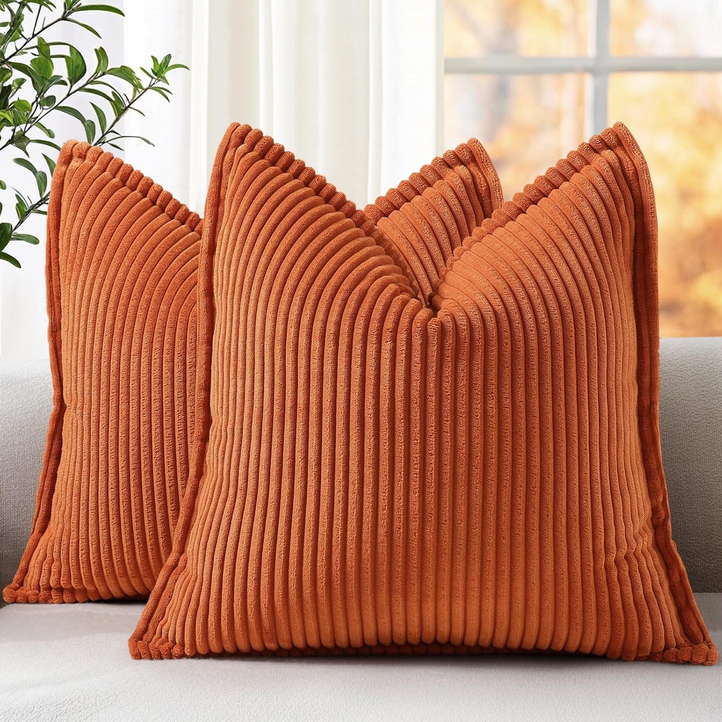 Fall Corduroy Rust Throw Pillow Covers 18X18 Set of 2 Decorative Soft Boho Farmhouse Euro Sham Couch Pillow Covers for Living Room Bed Sofa Broadside Striped Pillow Cases