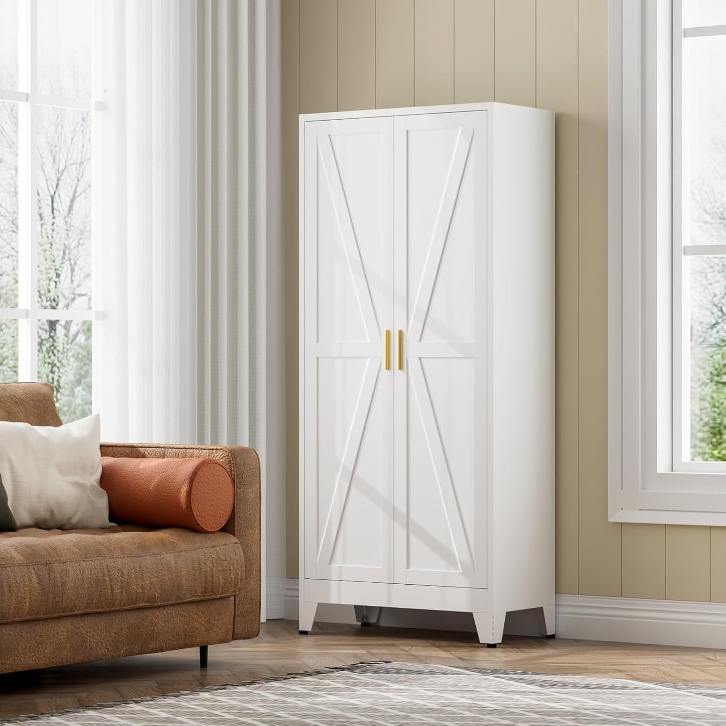 White Farmhouse Storage Kitchen Pantry Cabinet with 2 Barn Door, 3 Adjustable Shelves and Legs, for Cupboard/Dining Room/Bathroom/Living Room/Office/Laundry Room (White, 61" Farmhouse)