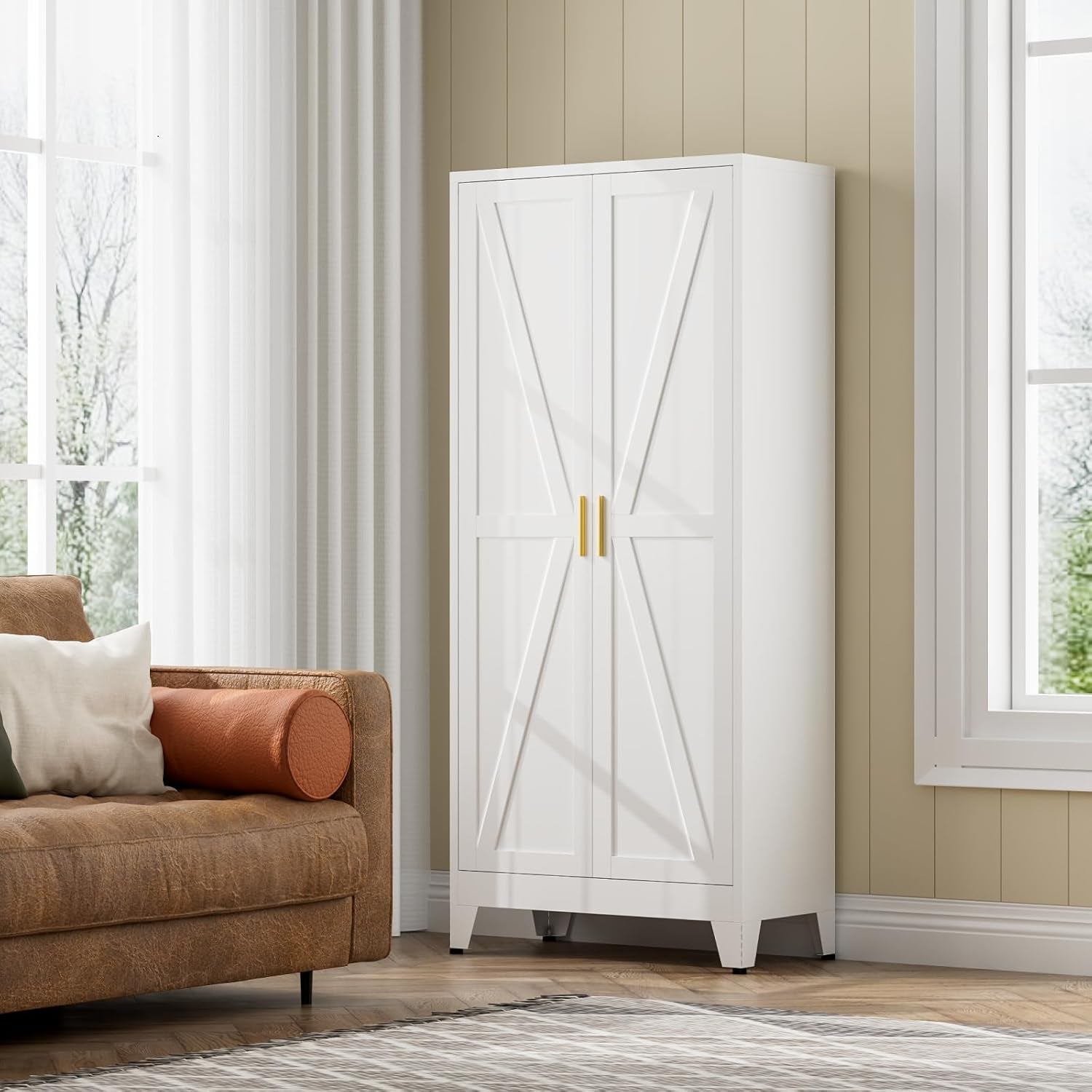 White Farmhouse Storage Kitchen Pantry Cabinet with 2 Barn Door, 3 Adjustable Shelves and Legs, for Cupboard/Dining Room/Bathroom/Living Room/Office/Laundry Room (White, 61" Farmhouse)