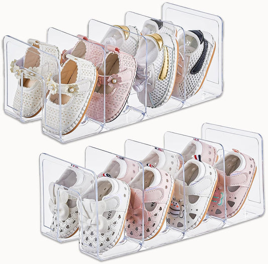 Clear Acrylic Kids Shoe Rack for Closet Organizers and Storage | 2 Pack Small Shoe Rack 4 Sections Toddler Baby Shoe Storage Organizer Stackable Shoe Shelf, Desk File Sorter Book Purse Organizer
