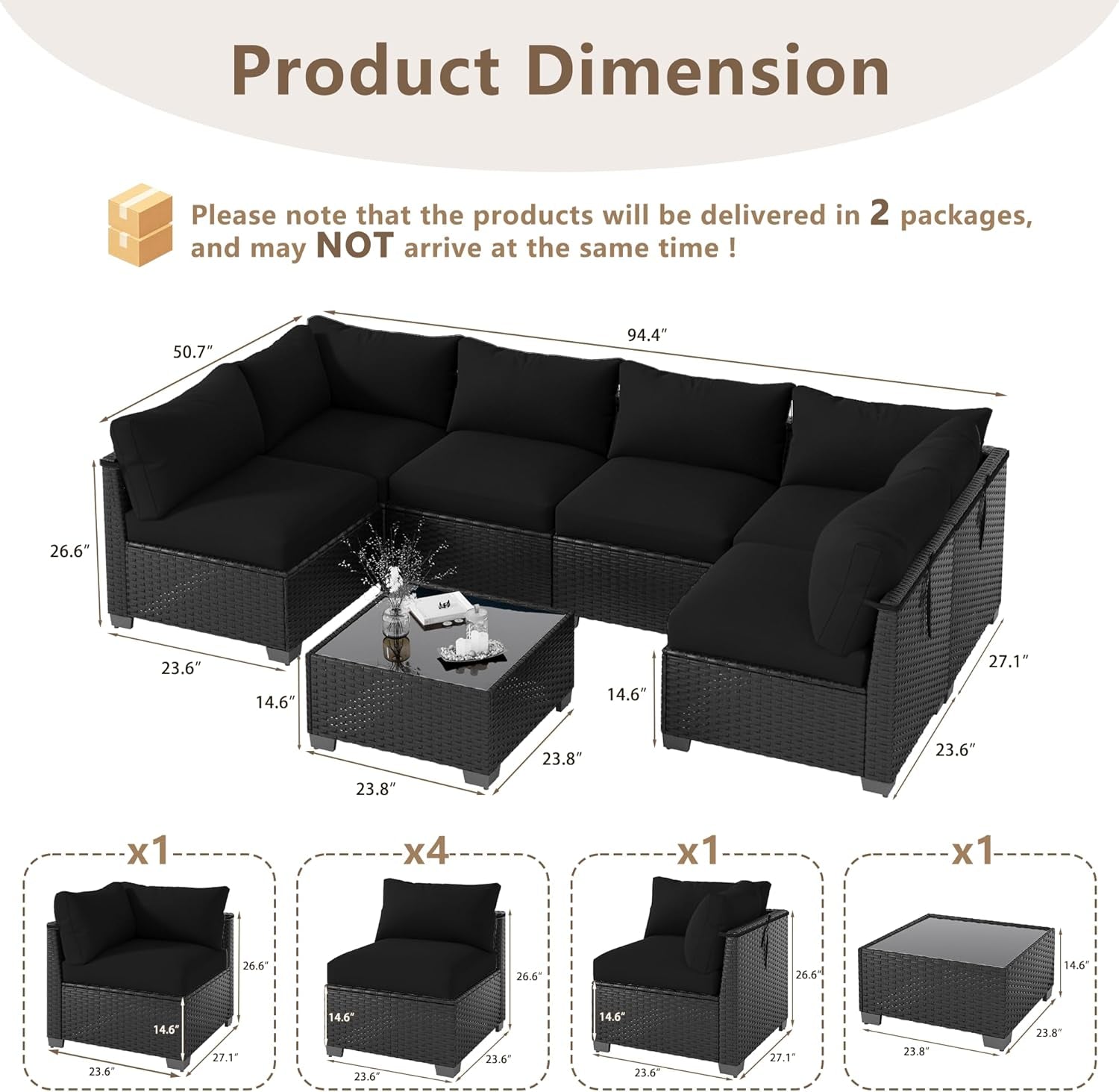 7 Piece Outdoor Patio Furniture Set, Outdoor Sectional Sofa, Wicker Rattan Patio Furniture, Patio Conversation Set with Coffee Table & Cushions