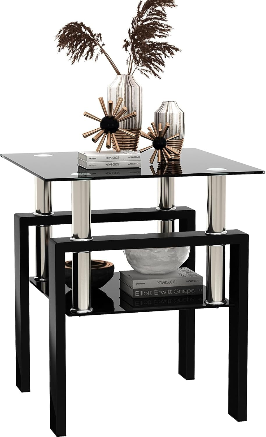 Black Glass End Tables, Small Glass Top End Table, Black Side Table, Square Shape, Tempered Glass Top, Metal Frame, for Living Room Bedroom (1Pcs End Table)