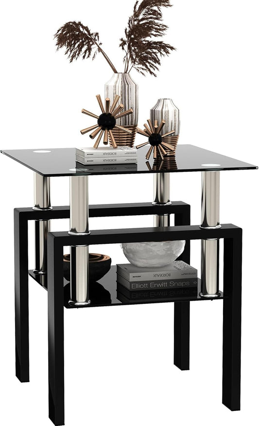 Black Glass End Tables, Small Glass Top End Table, Black Side Table, Square Shape, Tempered Glass Top, Metal Frame, for Living Room Bedroom (1Pcs End Table)