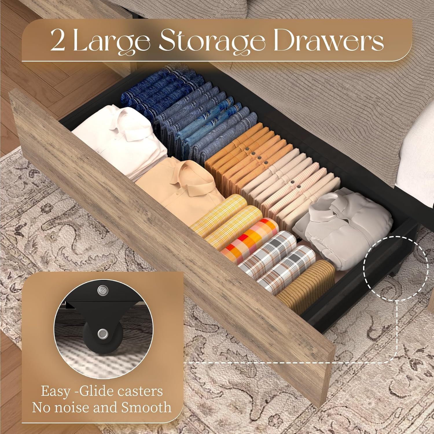 Farmhouse Queen Size Bed Frame with Storage Bookcase Headboard, Wooden Bed with LED Lights, Charging Station, 2 Drawers, Rustic Bed Frame with Sliding Barn Door for Bedroom (Grey Oak, Queen)