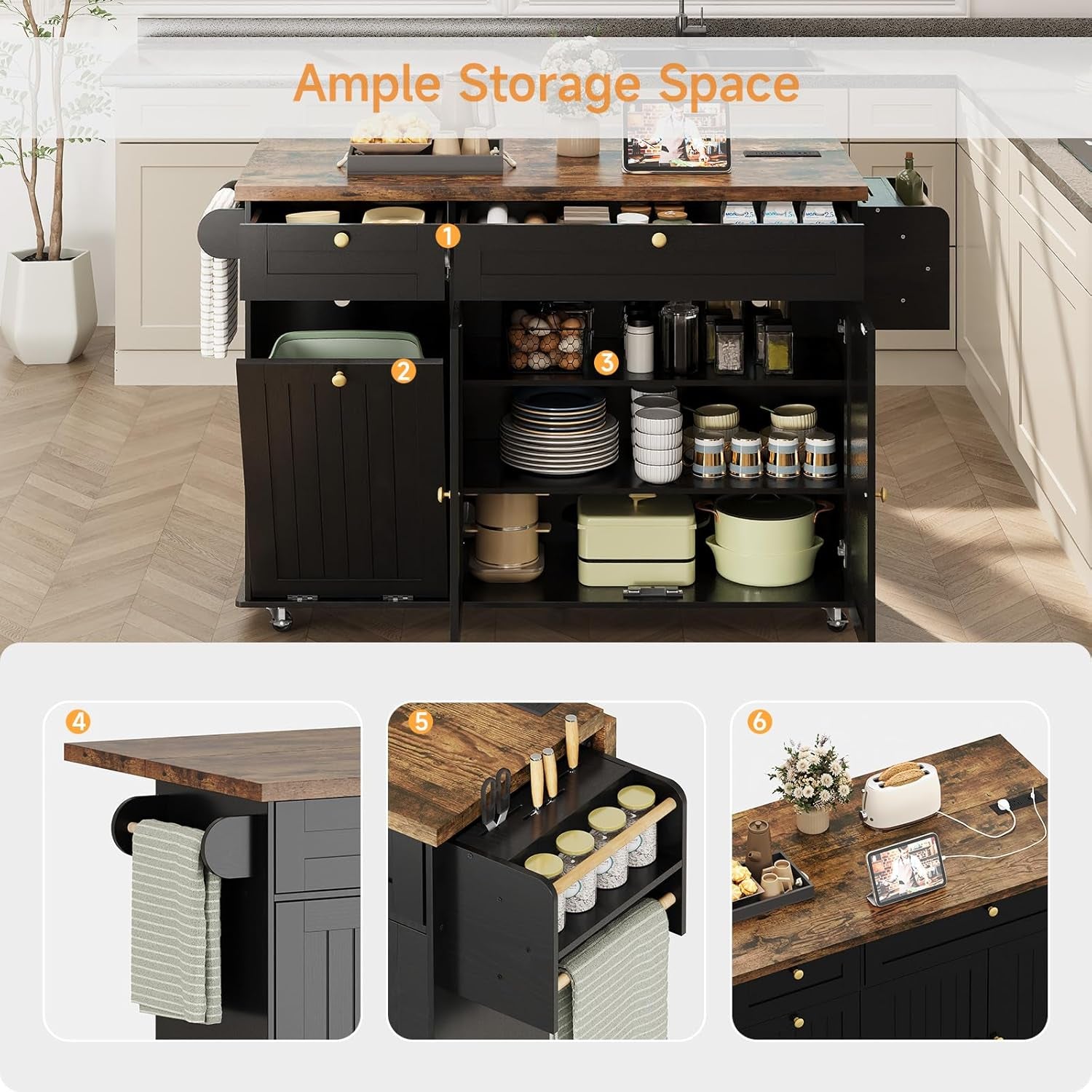 60" Rolling Large Kitchen Island on Wheels with Extendable Table, Drop Leaf & Power Outlet, Mobile Kitchen Cart with Storage Cabinet, 2 Drawers, Spice Rack, Towel & Knife Holder, Black