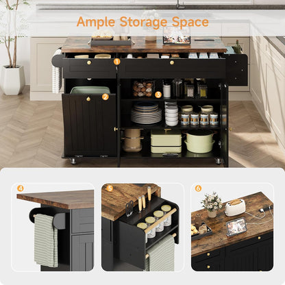60" Rolling Large Kitchen Island on Wheels with Extendable Table, Drop Leaf & Power Outlet, Mobile Kitchen Cart with Storage Cabinet, 2 Drawers, Spice Rack, Towel & Knife Holder, Black