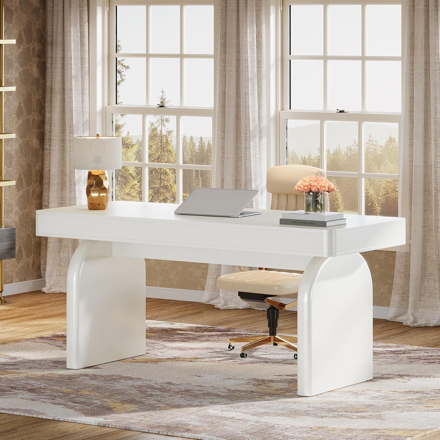 White Desk with Drawers, 63-Inch Modern Executive Office Desk, Glossy Elegant Work Study Desk Writing Table for Home Office, Cream White