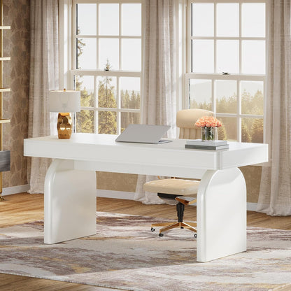 White Desk with Drawers, 63-Inch Modern Executive Office Desk, Glossy Elegant Work Study Desk Writing Table for Home Office, Cream White