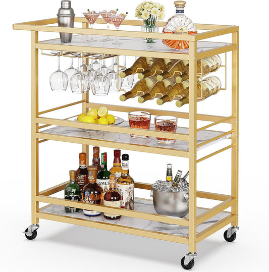 Bar Cart for Home, 3 Tier Gold Serving Rolling Carts with Wheels, Drink Cart, Liquor Stand with Marbled Wooden Shelves, Wine Rack and Glass Holder for Kitchen, Dining Room