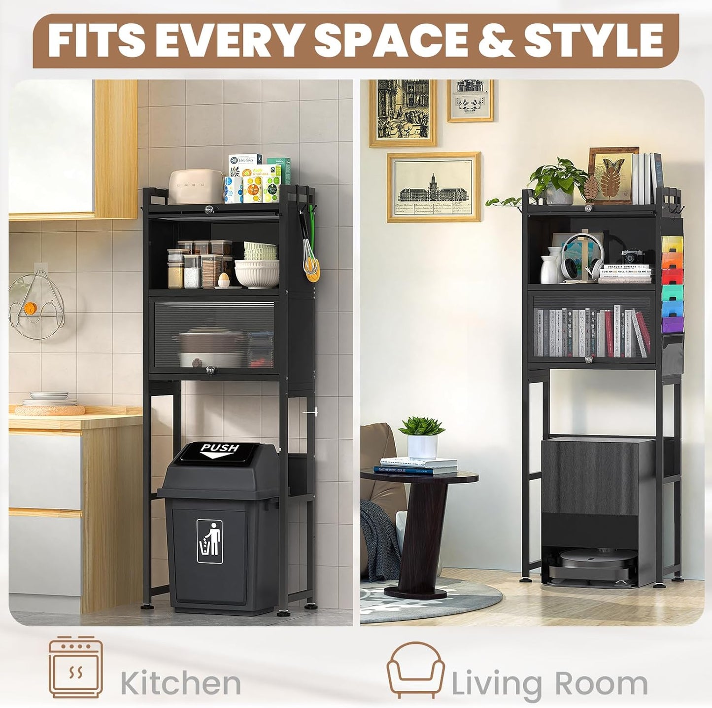 over the Toilet Storage Cabinet,3-Tier,Bathroom Toilet Organizer,Waterproof, Cabinet Door Design,Freestanding Space Saver with 4 Hooks for Bathroom,Black