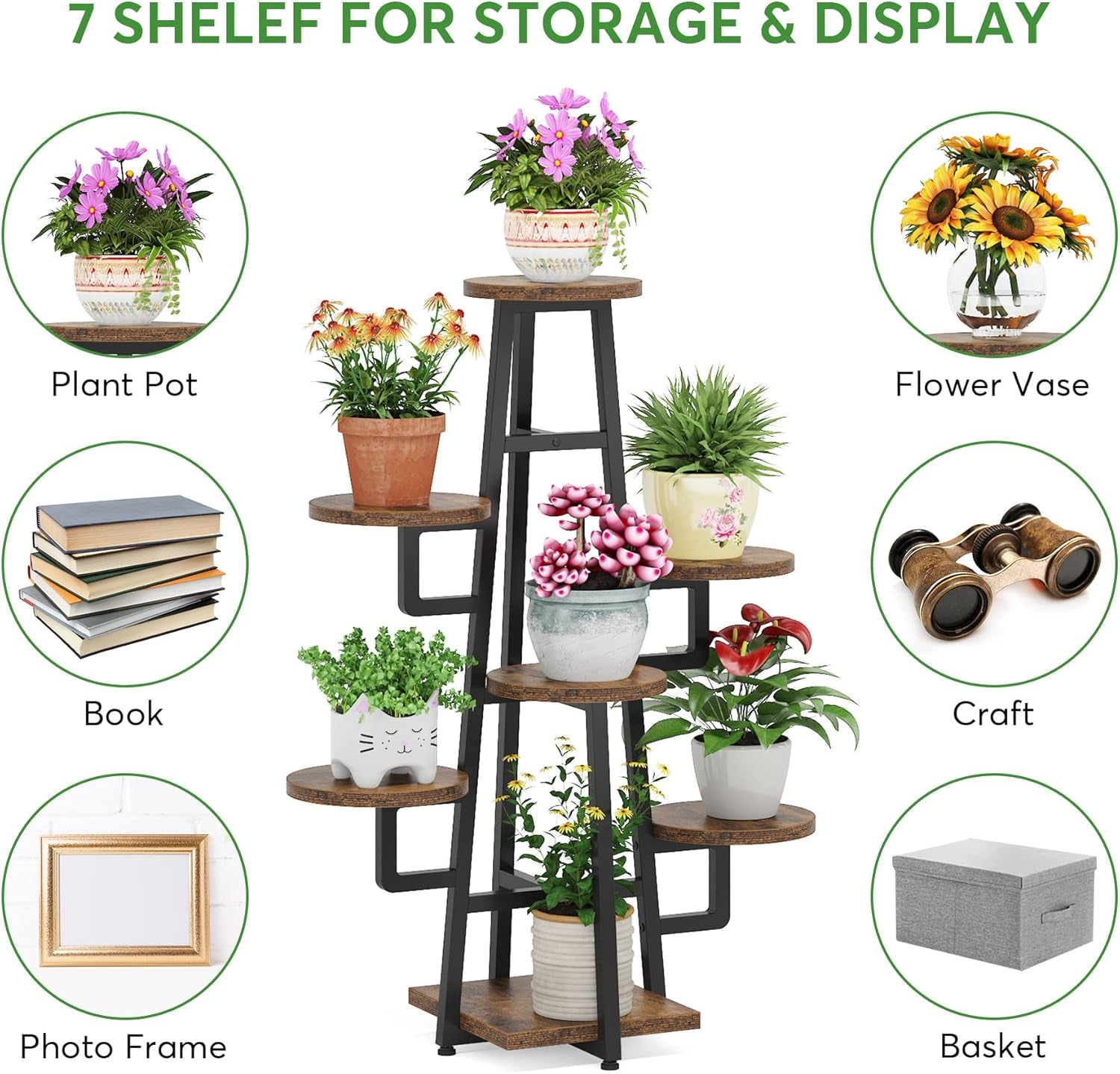 7 Tier Plant Stand Indoor for Multiple Plants, Wooden Corner Plant Pots Holder Rack Flower Stand Tall Shelf Planter Organizer for Living Room Balcony Garden, Rustic Brown