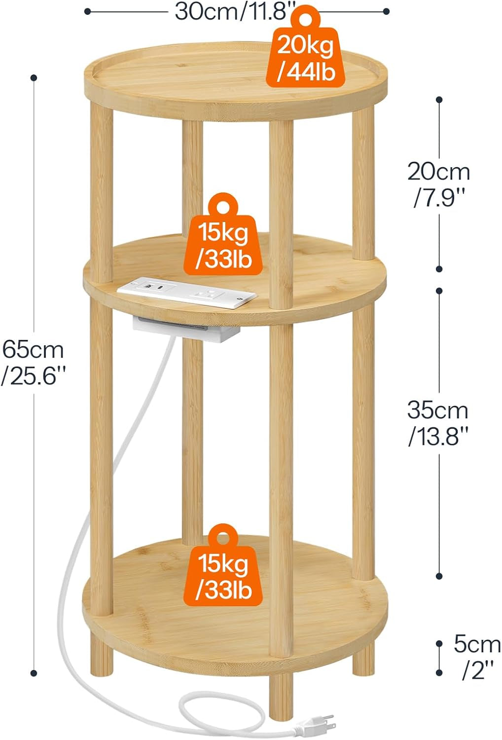 Small round Side Table with Charging Station, 3-Tier round Bamboo End Table, Compact Sofa Bedside Table for Small Space, Easy Assembly, for Living Room, Bedroom, Apartment, Natural YL152UBZ01