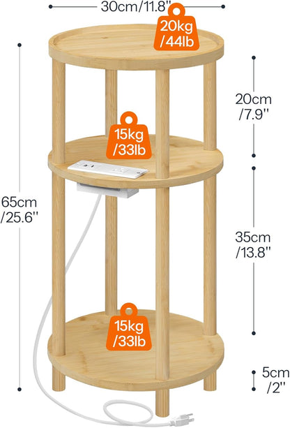 Small round Side Table with Charging Station, 3-Tier round Bamboo End Table, Compact Sofa Bedside Table for Small Space, Easy Assembly, for Living Room, Bedroom, Apartment, Natural YL152UBZ01