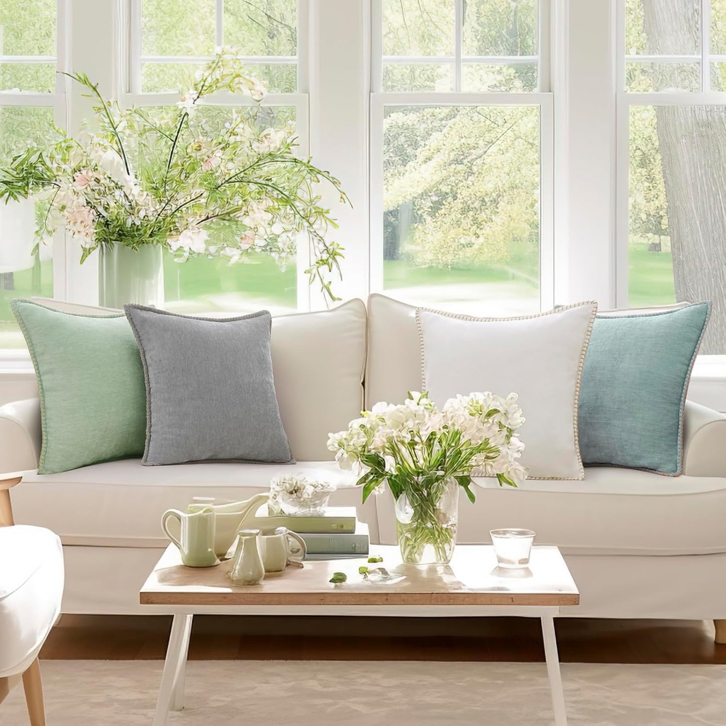 Chenille Soft Throw Pillow Covers 18X18 Set of 2, Farmhouse Velvet Neutral Decorative Euro Pillow Covers with Stitched Edge for Couch Sofa Bed Home Decor, Aqua Haze