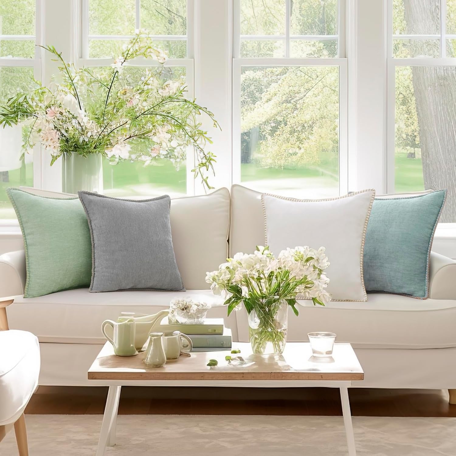 Chenille Soft Throw Pillow Covers 18X18 Set of 2, Farmhouse Velvet Neutral Decorative Euro Pillow Covers with Stitched Edge for Couch Sofa Bed Home Decor, Aqua Haze