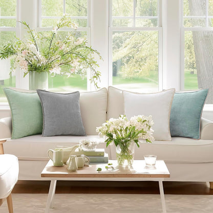 Chenille Soft Throw Pillow Covers 18X18 Set of 2, Farmhouse Velvet Neutral Decorative Euro Pillow Covers with Stitched Edge for Couch Sofa Bed Home Decor, Aqua Haze
