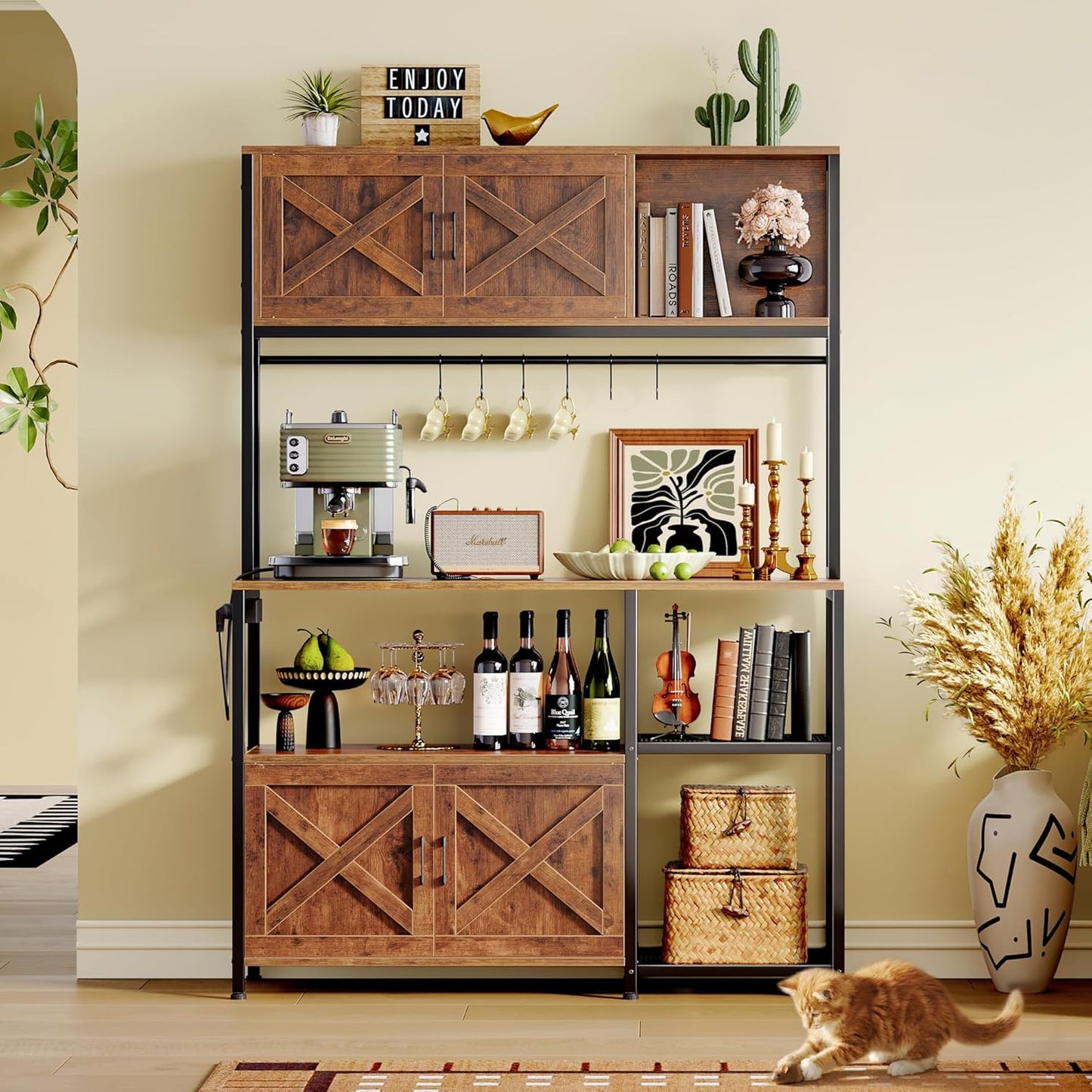 Large Bakers Rack with Power Outlet, Kitchen Microwave Stand with Cabinets, Coffee Bar Table Station with Storage, 6 S-Shaped Hooks, Mesh Shelves, 45 Inch Wooden Top, Rustic Brown