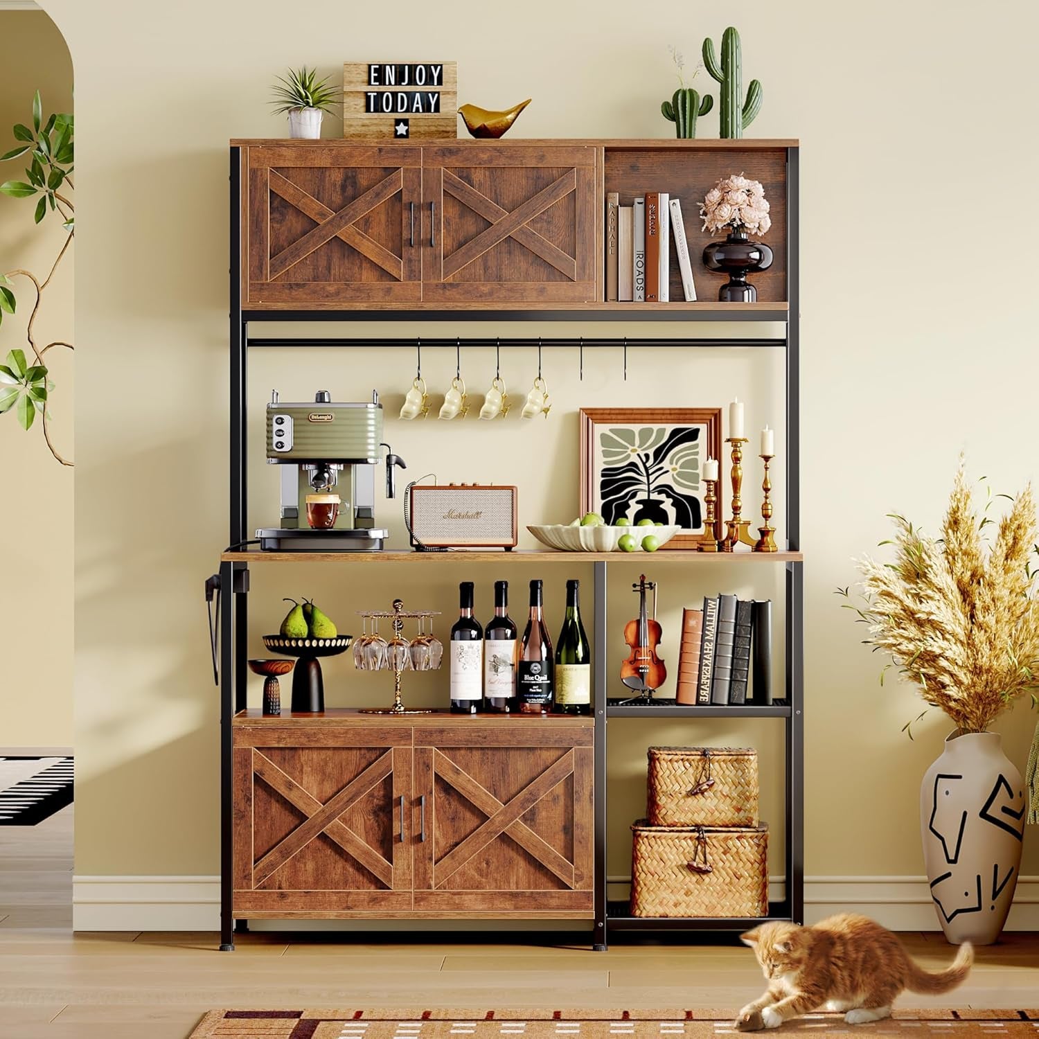 Large Bakers Rack with Power Outlet, Kitchen Microwave Stand with Cabinets, Coffee Bar Table Station with Storage, 6 S-Shaped Hooks, Mesh Shelves, 45 Inch Wooden Top, Rustic Brown