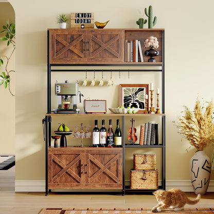 Large Bakers Rack with Power Outlet, Kitchen Microwave Stand with Cabinets, Coffee Bar Table Station with Storage, 6 S-Shaped Hooks, Mesh Shelves, 45 Inch Wooden Top, Rustic Brown