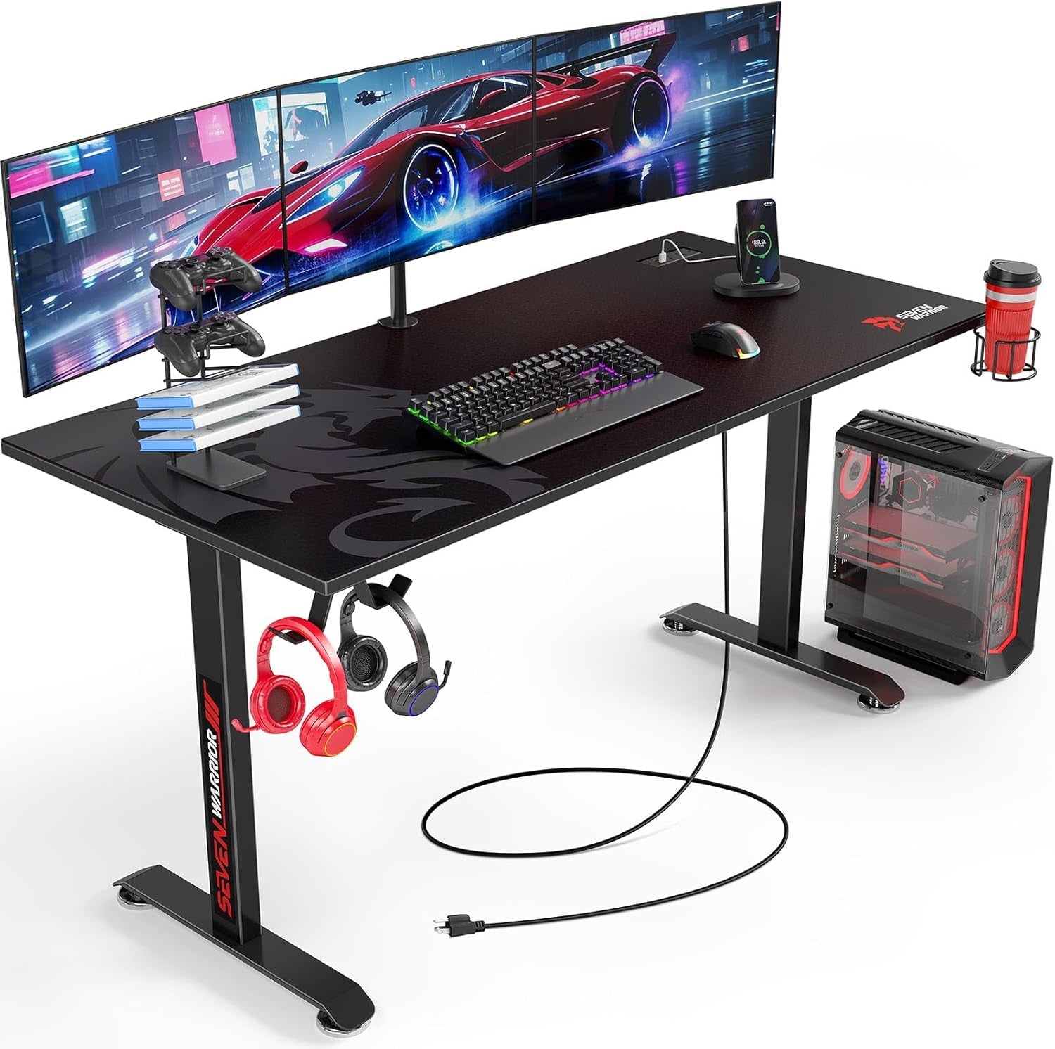 Gaming Desk 60 INCH, T- Shaped Carbon Fiber Surface Computer Desk with Full Mouse Pad, Ergonomic E-Sport Style Gamer Desk with Double Headphone Hook, USB Gaming Rack, Cup Holder
