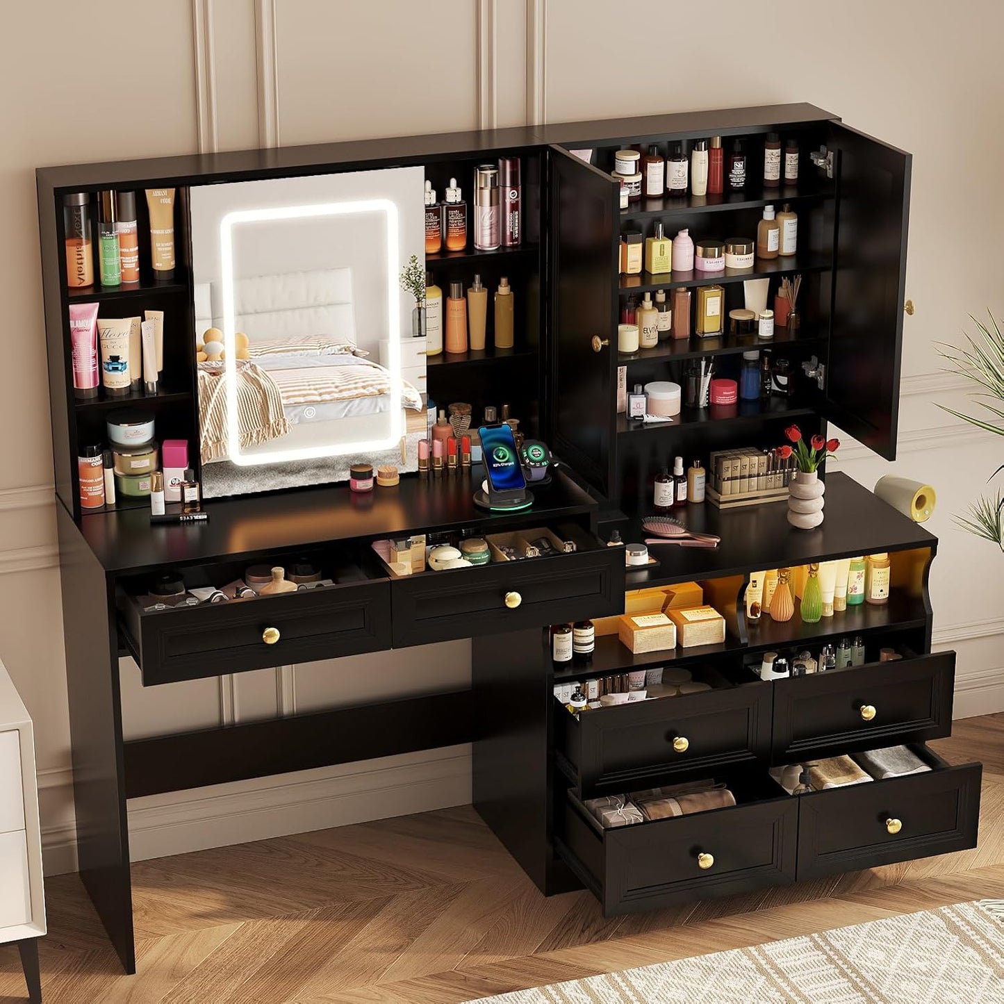 58.6" Large Vanity Desk with Sliding Mirror & Lights, Black Makeup Vanity Table & Nightstand Combo with Power Outlet and 6 Drawers 15 Shelves with Light Strips for Bedroom Dressing Room