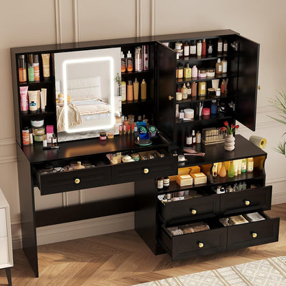 58.6" Large Vanity Desk with Sliding Mirror & Lights, Black Makeup Vanity Table & Nightstand Combo with Power Outlet and 6 Drawers 15 Shelves with Light Strips for Bedroom Dressing Room