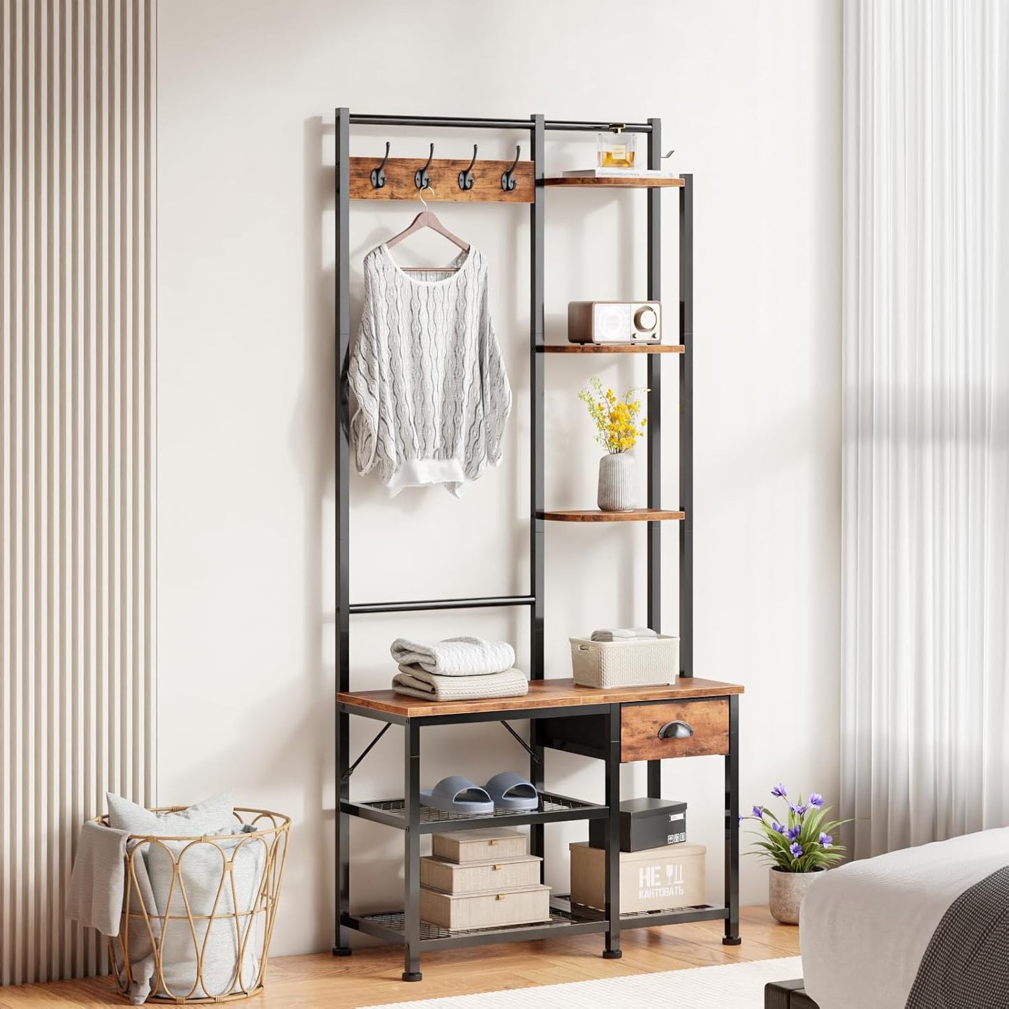 Coat Rack, Hall Tree with Bench and Shoe Storage, 4 in 1 Entryway Bench, Coat Rack with 3 Shelves and Drawer, Entryway Organizer with 5 Hooks for Hanging, Rustic Brown