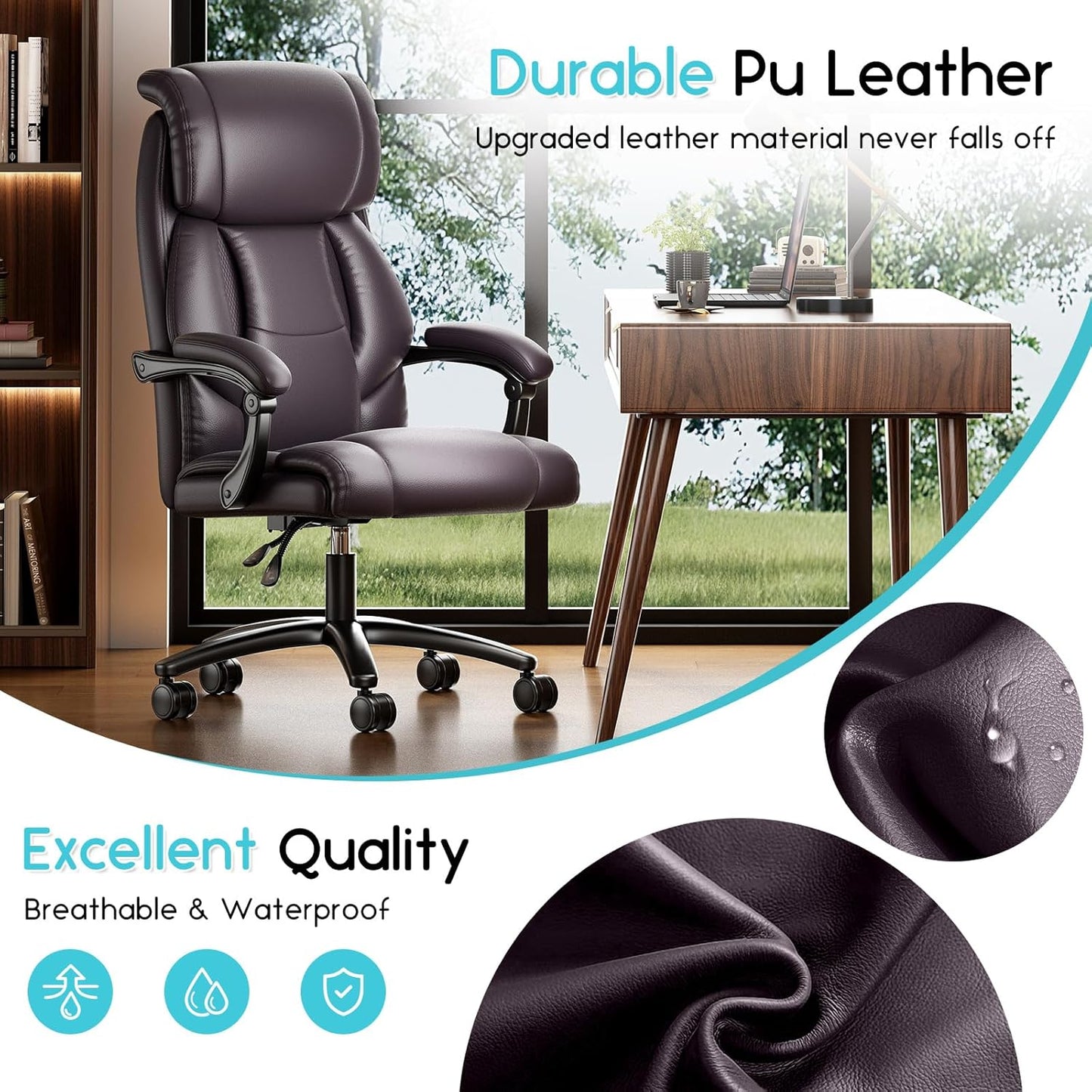 Reclining Office Chair, Executive Big and Tall Office Chair with Wide Seat, Recliner Leather High Back Computer Desk Chairs