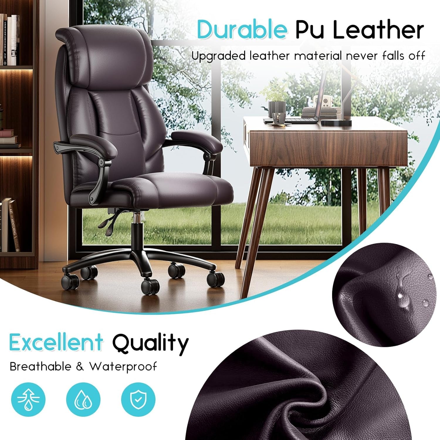 Reclining Office Chair, Executive Big and Tall Office Chair with Wide Seat, Recliner Leather High Back Computer Desk Chairs