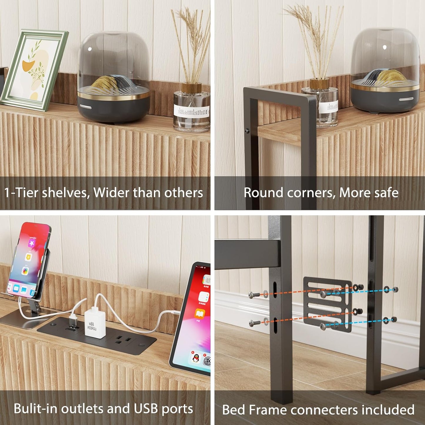 King Size Headboard Only with Outlets, Wall Mount Wood Fluted Headboard with Storage, Height Adjustable, Storage Rack, Sturdy and Stable, Easy Assembly(Oak, King)