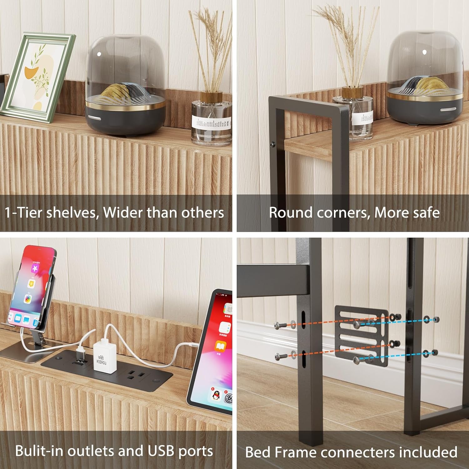 King Size Headboard Only with Outlets, Wall Mount Wood Fluted Headboard with Storage, Height Adjustable, Storage Rack, Sturdy and Stable, Easy Assembly(Oak, King)