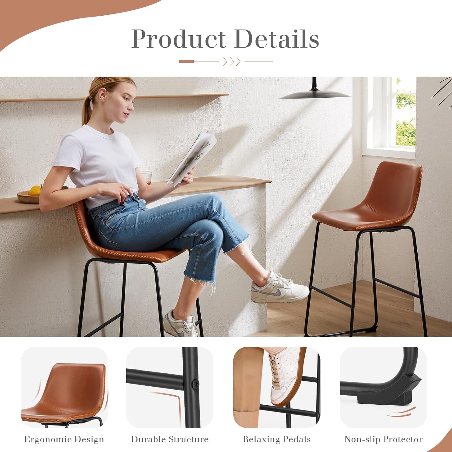 26 Inch Counter Height Bar Stools Set of 2, Modern Faux Leather High Barstools with Back and Metal Leg, Bar Chairs for Kitchen Island, Elegant Brown